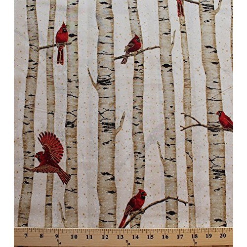 Cotton Woodsy Winter Cardinals Red Birds on Birch Trees Metallic C...