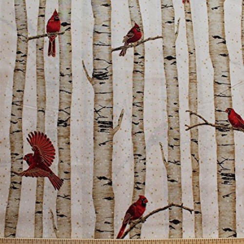 Cotton Woodsy Winter Cardinals Red Birds on Birch Trees Metallic C...