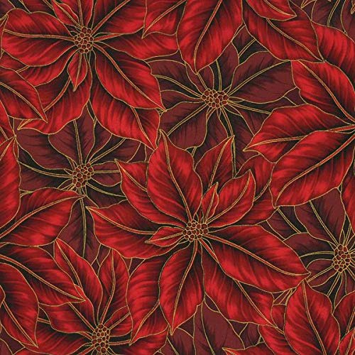 Poinsettia Song Scarlet Red Gold Metallic Holiday Fabric N7524-78G...