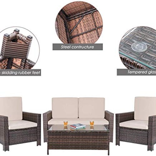 Homall 4 Pieces Outdoor Patio Furniture Sets Rattan Chair Wicker C...