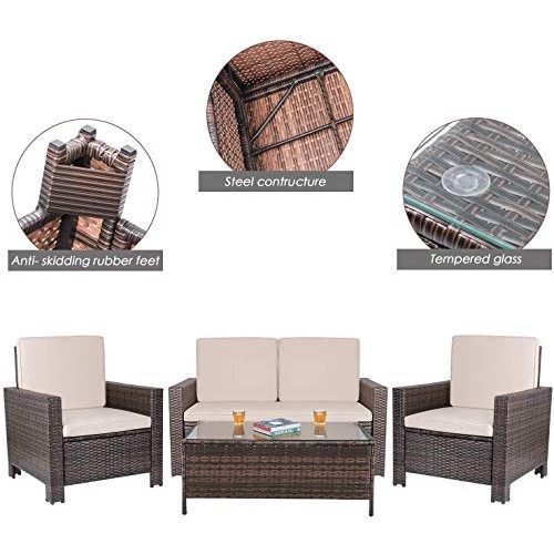 Homall 4 Pieces Outdoor Patio Furniture Sets Rattan Chair Wicker C...