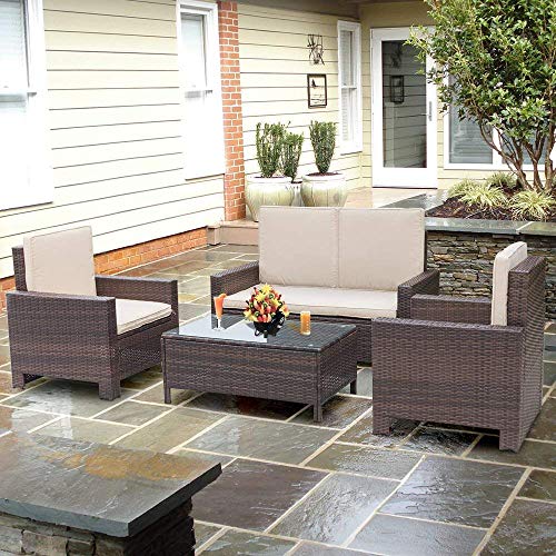 Homall 4 Pieces Outdoor Patio Furniture Sets Rattan Chair Wicker C...