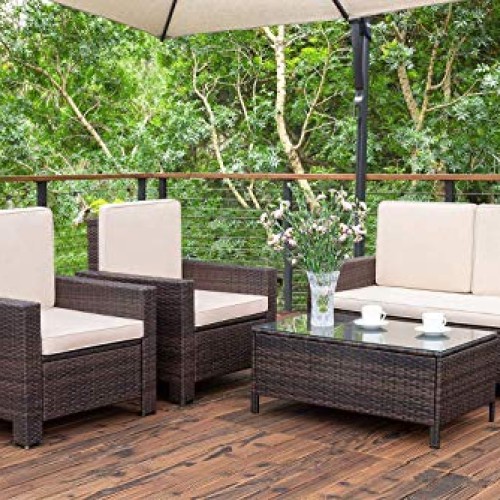 Homall 4 Pieces Outdoor Patio Furniture Sets Rattan Chair Wicker C...