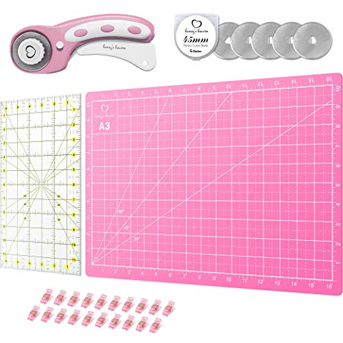 Rotary Cutter Set Pink - Quilting Kit incl. 45mm Fabric Cutter, 5 ...