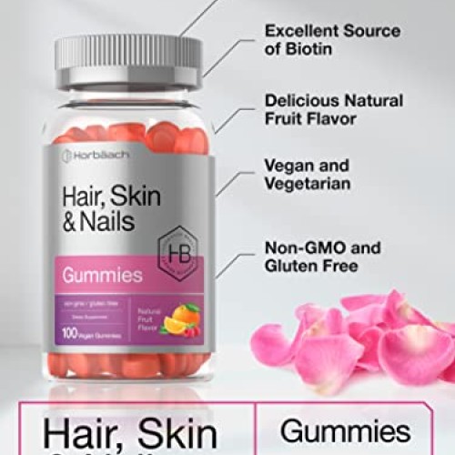 Hair Skin and Nails Gummies | 100 Count | with Biotin | Fruit Flav...