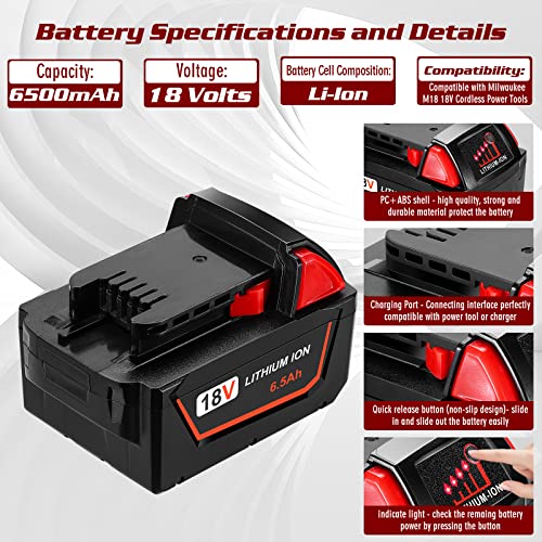 HUSUE 6.5Ah 18V Replacement Battery for Milwaukee M18 Battery, Lit...