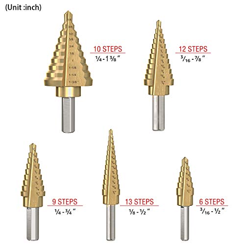 HYCLAT 5 pcs Titanium Step Drill Bits Set & Automatic Center Punch...