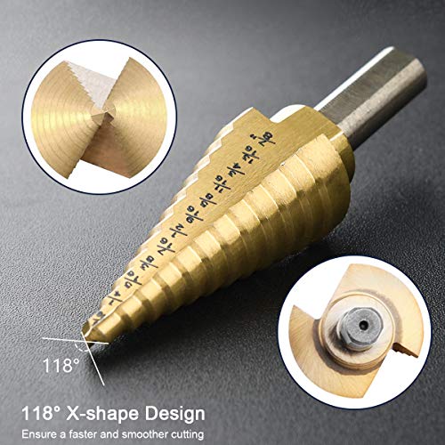 HYCLAT 5 pcs Titanium Step Drill Bits Set & Automatic Center Punch...