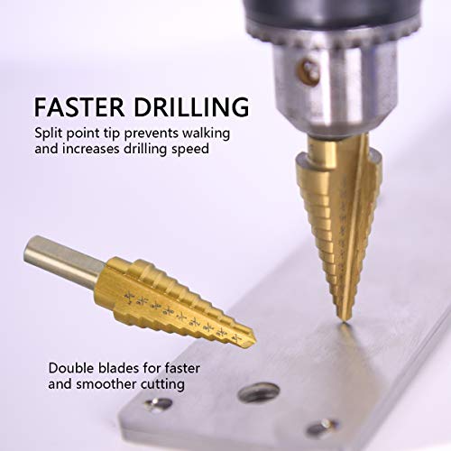 HYCLAT 5 pcs Titanium Step Drill Bits Set & Automatic Center Punch...
