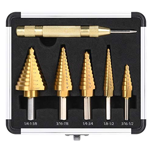 HYCLAT 5 pcs Titanium Step Drill Bits Set & Automatic Center Punch...