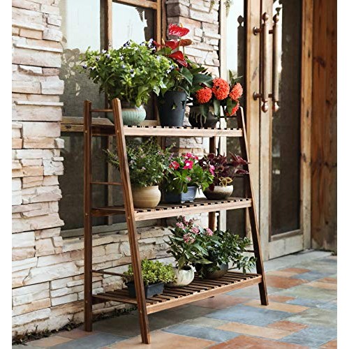HYNAWIN 3 Tiers Carbonized Wood Plant Stand Shelf Holder Indoor Ou...