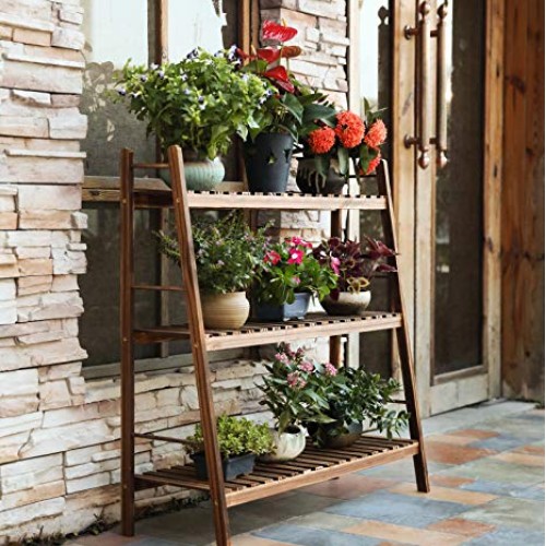 HYNAWIN 3 Tiers Carbonized Wood Plant Stand Shelf Holder Indoor Ou...