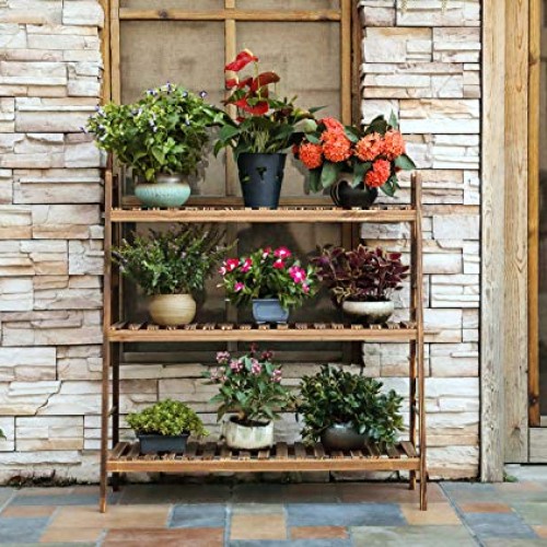 HYNAWIN 3 Tiers Carbonized Wood Plant Stand Shelf Holder Indoor Ou...