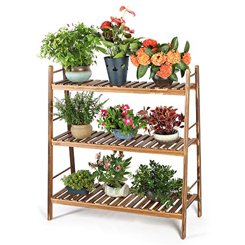 HYNAWIN 3 Tiers Carbonized Wood Plant Stand Shelf Holder Indoor Ou...