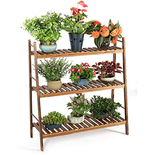 HYNAWIN 3 Tiers Carbonized Wood Plant Stand Shelf Holder Indoor Ou...