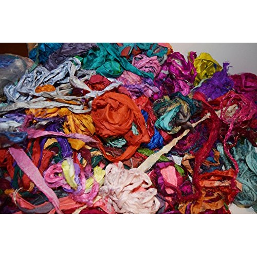 4 oz Sari Silk Ribbon Scraps Remnants for Mixed Media Felting Spin...