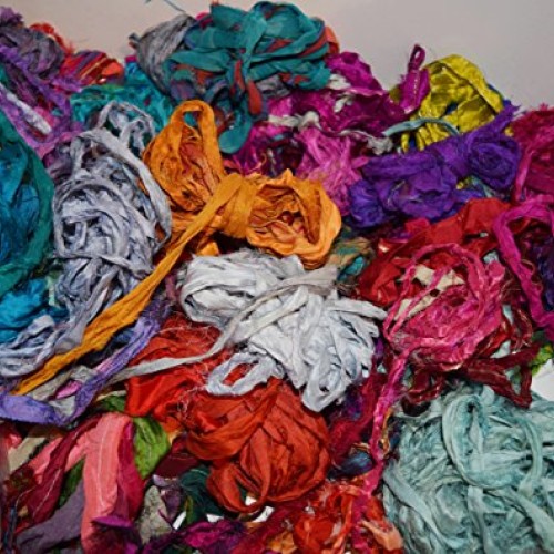 4 oz Sari Silk Ribbon Scraps Remnants for Mixed Media Felting Spin...