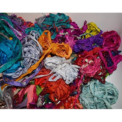 4 oz Sari Silk Ribbon Scraps Remnants for Mixed Media Felting Spin...
