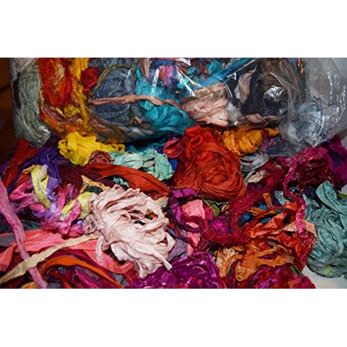 4 oz Sari Silk Ribbon Scraps Remnants for Mixed Media Felting Spin...