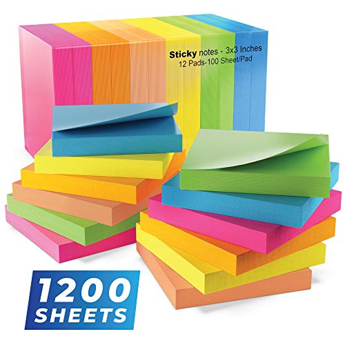 Sticky Notes 3x3, Bright Colorful Stickies, 12 Pads 1200 Sheets To...