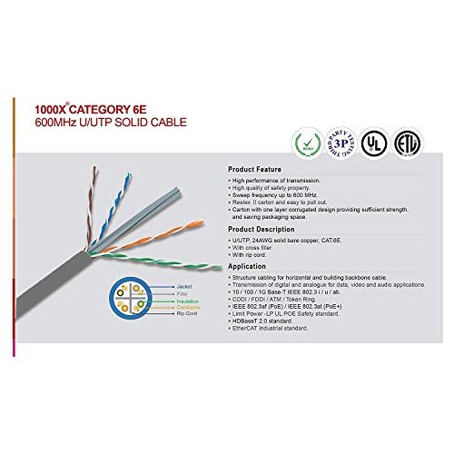 Elite Cat6e Riser CMR, 1000ft, 600MHz, UTP, 24AWG, Solid, Bare C...
