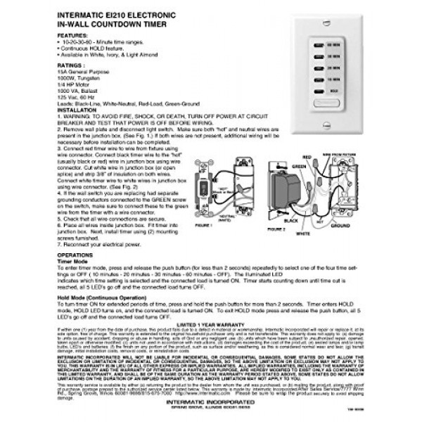 Intermatic EI210W Electronic Auto-Off Timer 10/20/30/60 Minutes, W...