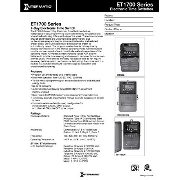 Intermatic ET1725C 7-Day 30-Amps 2XSPST OR DPST Electronic Time Sw...