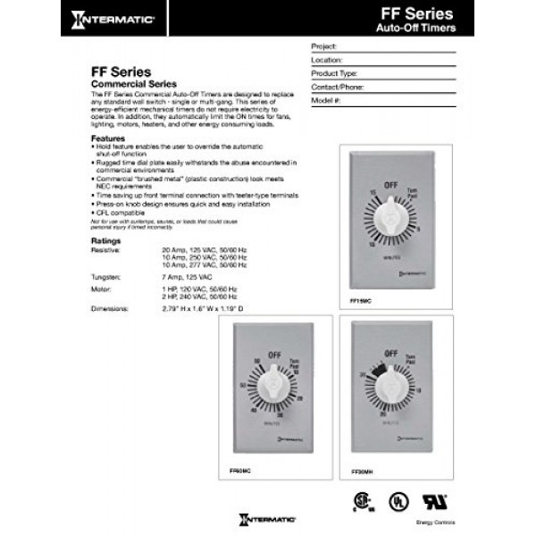 Intermatic FF5MH 5-Minute Spring Loaded Wall Timer with Hold, Brus...