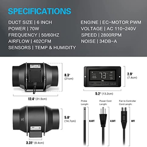 iPower Smart Ventilation Inline Fan 6 Inch with Temperature Humidi...