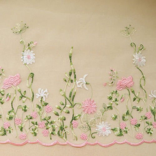 Lace Fabric Organza Pink Flower Embroidery Wedding Fabric 51 inche...