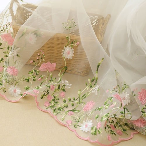Lace Fabric Organza Pink Flower Embroidery Wedding Fabric 51 inche...
