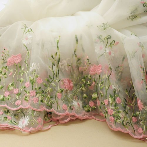 Lace Fabric Organza Pink Flower Embroidery Wedding Fabric 51 inche...