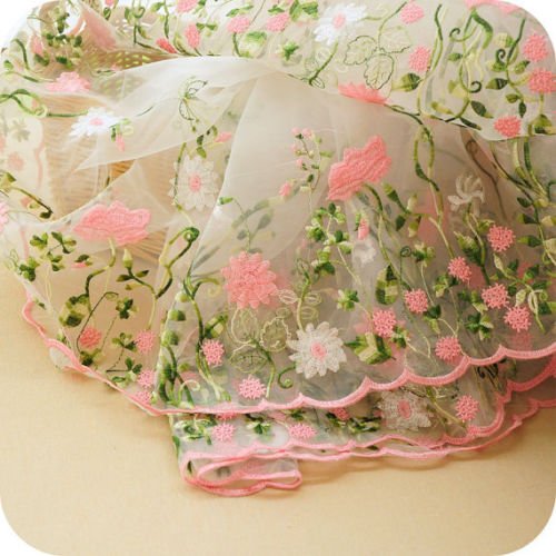 Lace Fabric Organza Pink Flower Embroidery Wedding Fabric 51 inche...