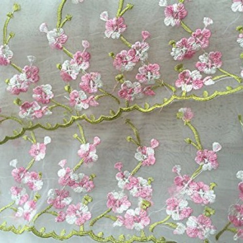 Lace Fabric White Organza Pink Floral Embroidery Wedding Bridal by...