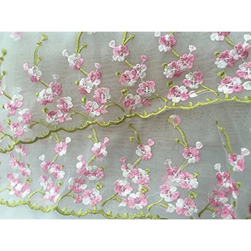 Lace Fabric White Organza Pink Floral Embroidery Wedding Bridal by...