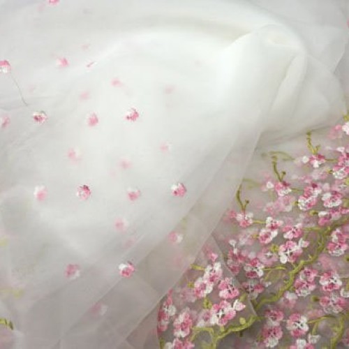 Lace Fabric White Organza Pink Floral Embroidery Wedding Bridal by...