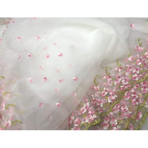 Lace Fabric White Organza Pink Floral Embroidery Wedding Bridal by...