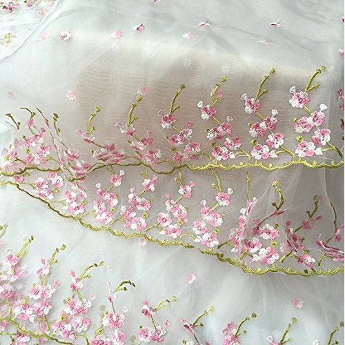Lace Fabric White Organza Pink Floral Embroidery Wedding Bridal by...