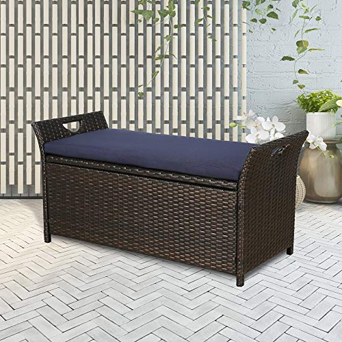 Iwicker Patio Wicker Storage Bench,Outdoor Rattan Deck Box with Cu...