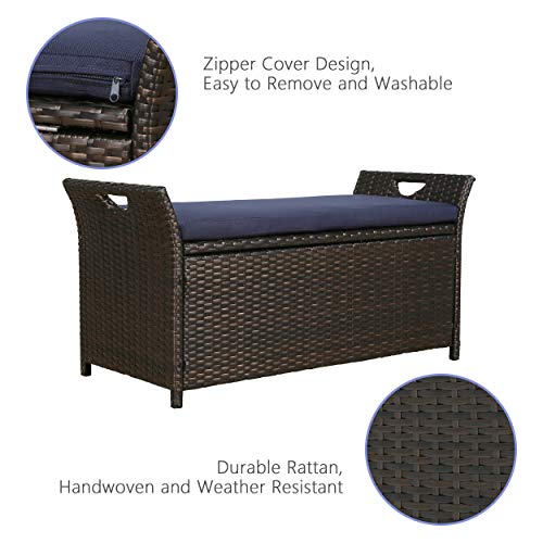 Iwicker Patio Wicker Storage Bench,Outdoor Rattan Deck Box with Cu...