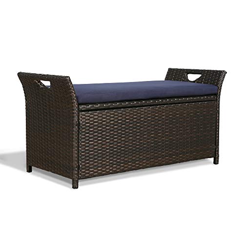 Iwicker Patio Wicker Storage Bench,Outdoor Rattan Deck Box with Cu...