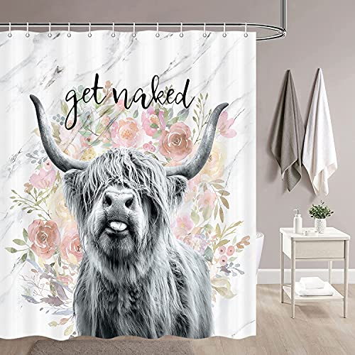 JAWO Farmhouse Highland Cow Fabric Shower Curtain, Cow Shower Curt...