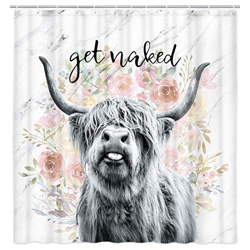 JAWO Farmhouse Highland Cow Fabric Shower Curtain, Cow Shower Curt...