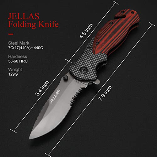 Jellas 7Cr17440A 4 in 1 Pocket Folding Knife with Leather Sheath...