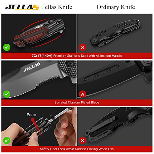 Jellas 7Cr17440A 4 in 1 Pocket Folding Knife with Leather Sheath...