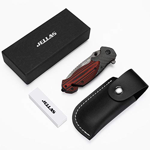 Jellas 7Cr17440A 4 in 1 Pocket Folding Knife with Leather Sheath...