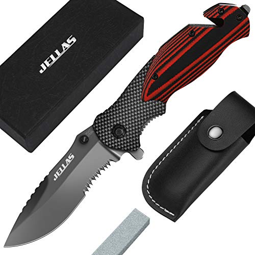 Jellas 7Cr17440A 4 in 1 Pocket Folding Knife with Leather Sheath...