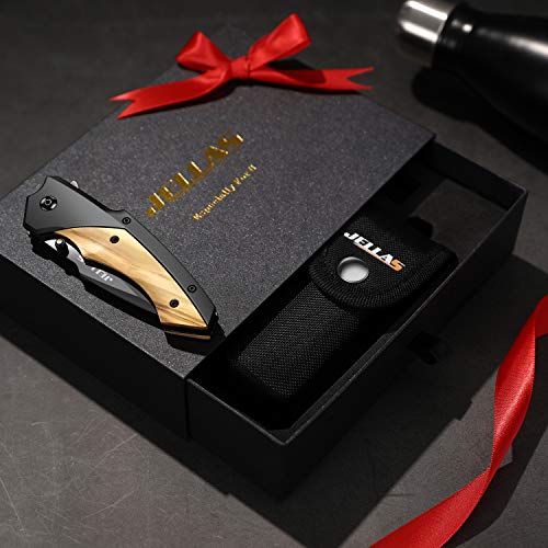 Jellas Pocket Folding Knife for Men with Olive Wood Handle - Tacti...