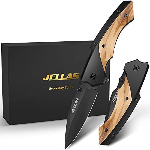 Jellas Pocket Folding Knife for Men with Olive Wood Handle - Tacti...
