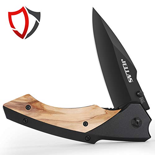 Jellas Pocket Folding Knife for Men with Olive Wood Handle - Tacti...